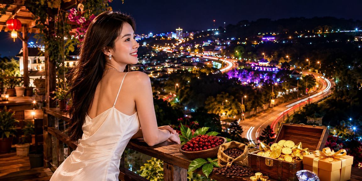Quán cà phê Đà Lạt buổi sáng – người dùng xem khuyến mãi đăng ký mới trên điện thoại