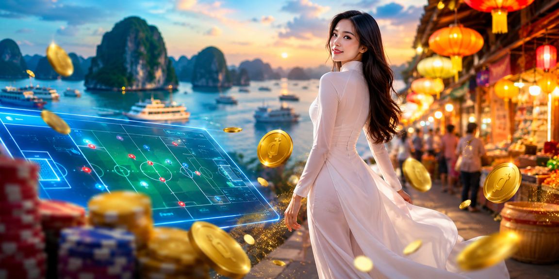 Người phụ nữ mặc áo dài tại Vịnh Hạ Long sử dụng điện thoại để truy cập nền tảng cá cược lu388